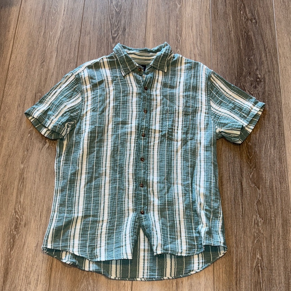 J. Crew Factory Green and White Striped Short-Sleeve Button-Down Shirt